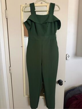 New York & Company Dark Green Ruffle-Front Jumpsuit